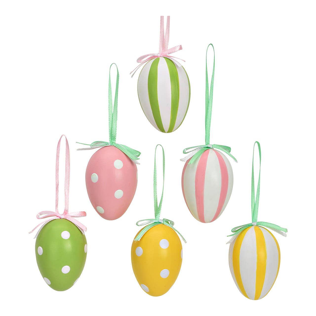 Hänger Osterei aus Kunststoff, 12er-Set, 2-fach, Gelb/Rosa/Grün (B/H/T) 4x6x4cm