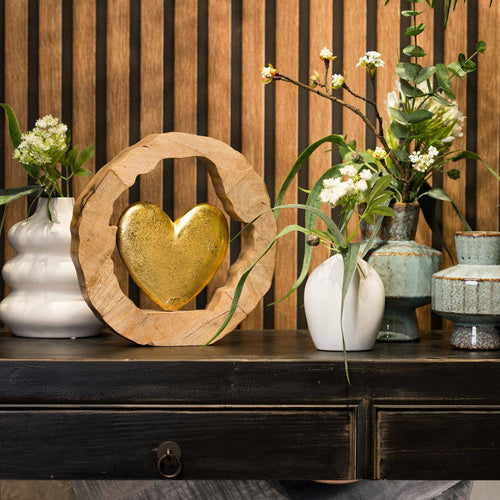Aufsteller Herz in Mangoholz Kreis aus Metall Gold (B/H/T) 28x29x5cm