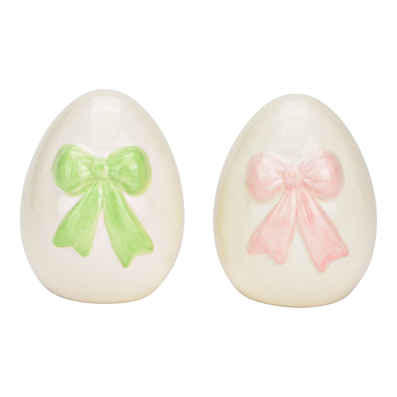 Deko Ei mit Schleife aus Keramik, 2-fach, Weiß/Grün/Rosa (B/H/T) 6x8x6cm