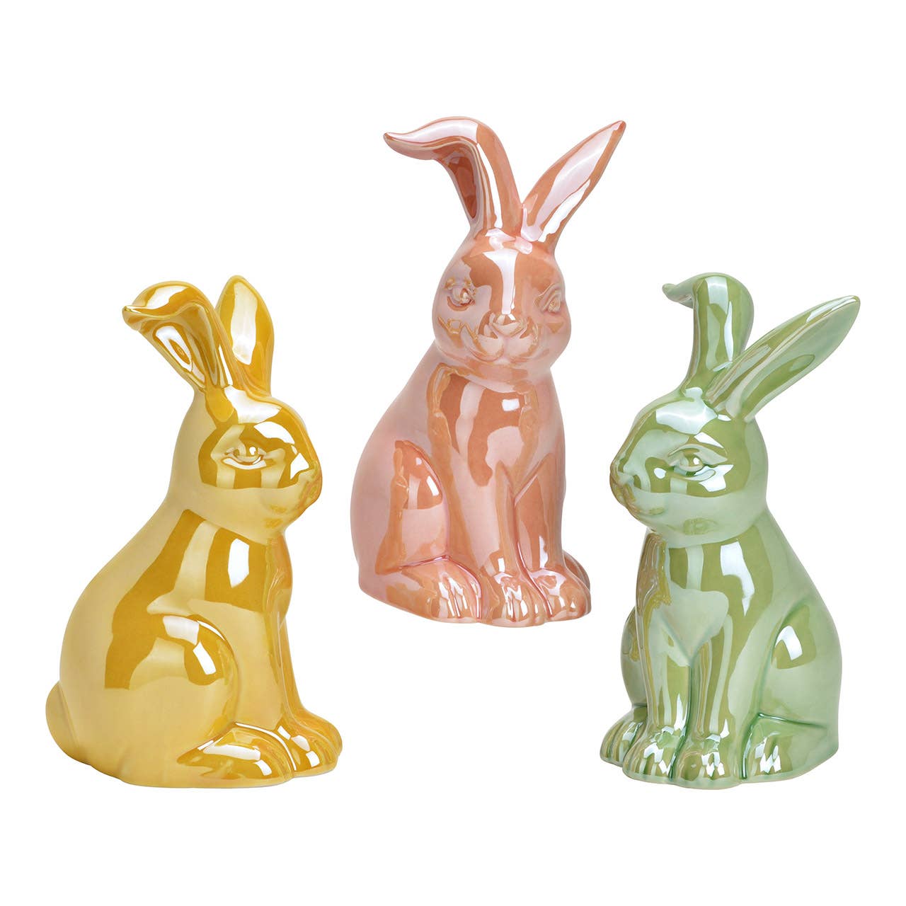 Hase glänzend aus Porzellan, 3-fach, Gelb/Rosa/Grün (B/H/T) 10x17x9cm