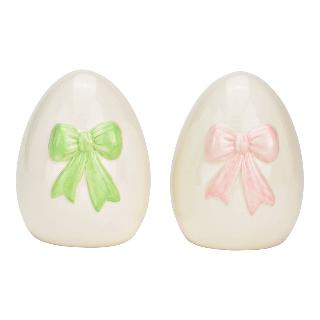 Deko Ei mit Schleife aus Keramik, 2-fach, Weiß/Grün/Rosa (B/H/T/) 8x11x8cm