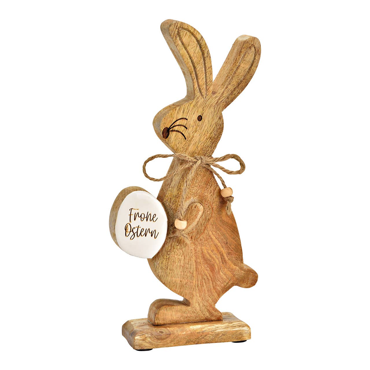 Aufsteller Hase mit Osterei "Frohe Ostern" aus Mangoholz, Braun/Weiß (B/H/T) 13x27x5cm