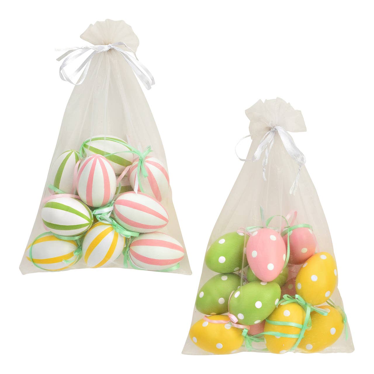 Hänger Osterei aus Kunststoff, 12er-Set, 2-fach, Gelb/Rosa/Grün (B/H/T) 4x6x4cm