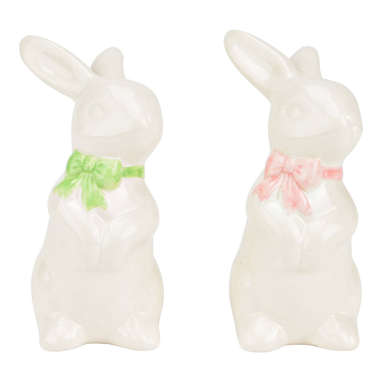 Hase mit Schleife aus Keramik, 2-fach, Weiß/Grün/Rosa (B/H/T) 5x11x7cm