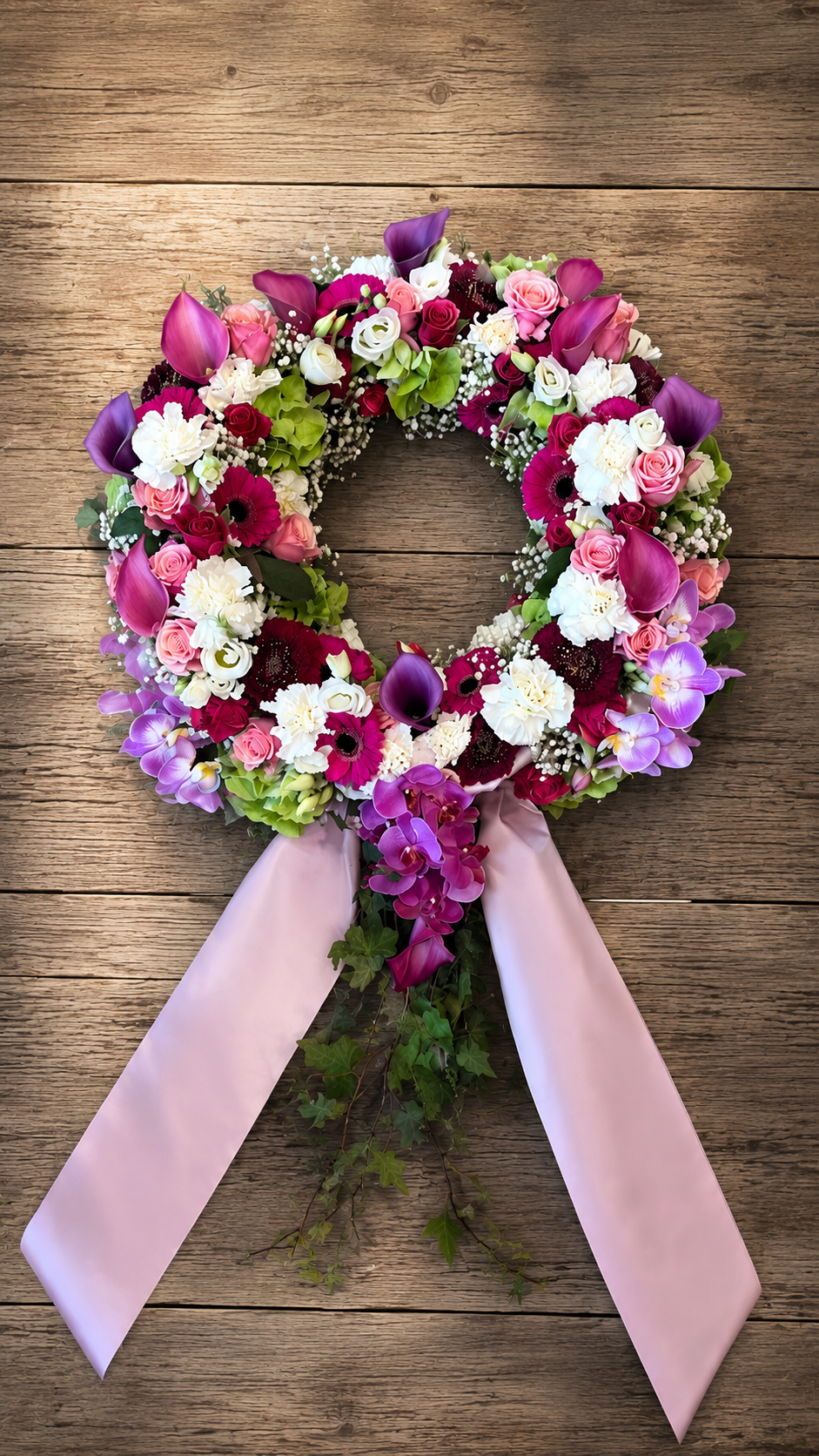 Plantula Amedorf - Trauerfloristik Bunter Blumenkranz mit rosa Schleife auf einem holzernen Hintergrund.