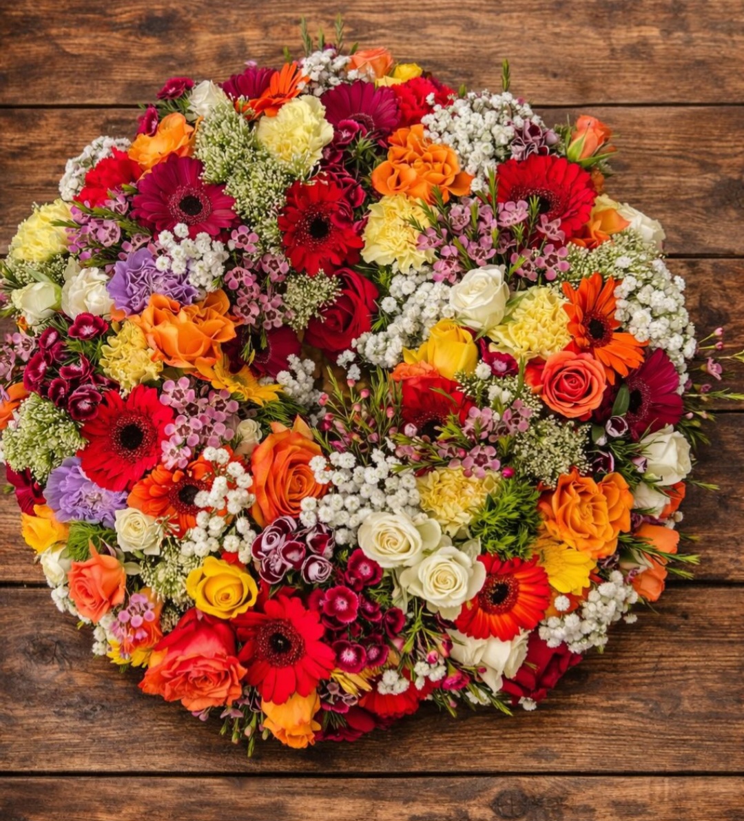 Plantula Amedorf - Trauerkranz - Grabschmuck Bunte Blumenarrangements auf Holzuntergrund in runder Form.