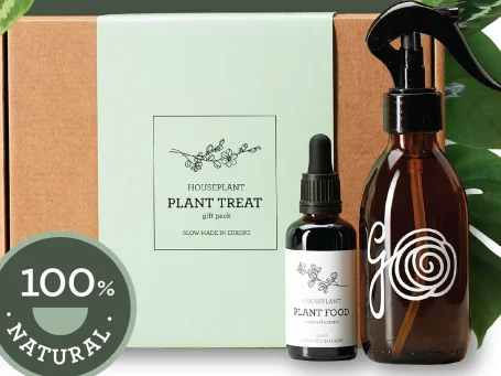 Set mit Naturprodukten zur Pflanzenpflege, einschließlich Sprayflasche und Tropfer.