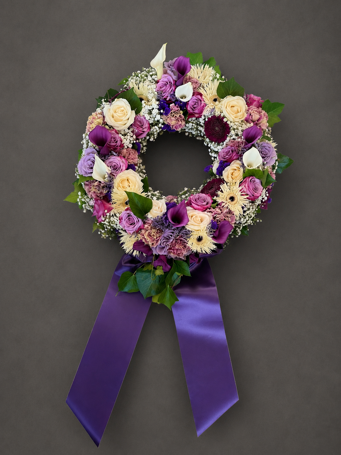 Plantula Amedorf - Trauerfloristik Blumenkranz aus lila und rosa Blumen mit grünem Blattwerk und einem lila Band.