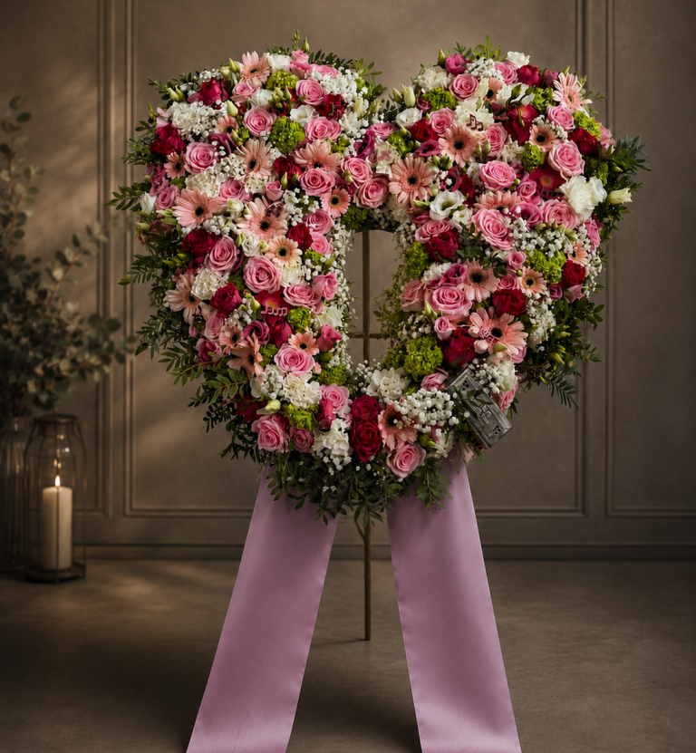 Plantula Amedorf - Trauerfloristk Herzförmiger Blumenschmuck aus rosa und roten Blumen auf einem Ständer.