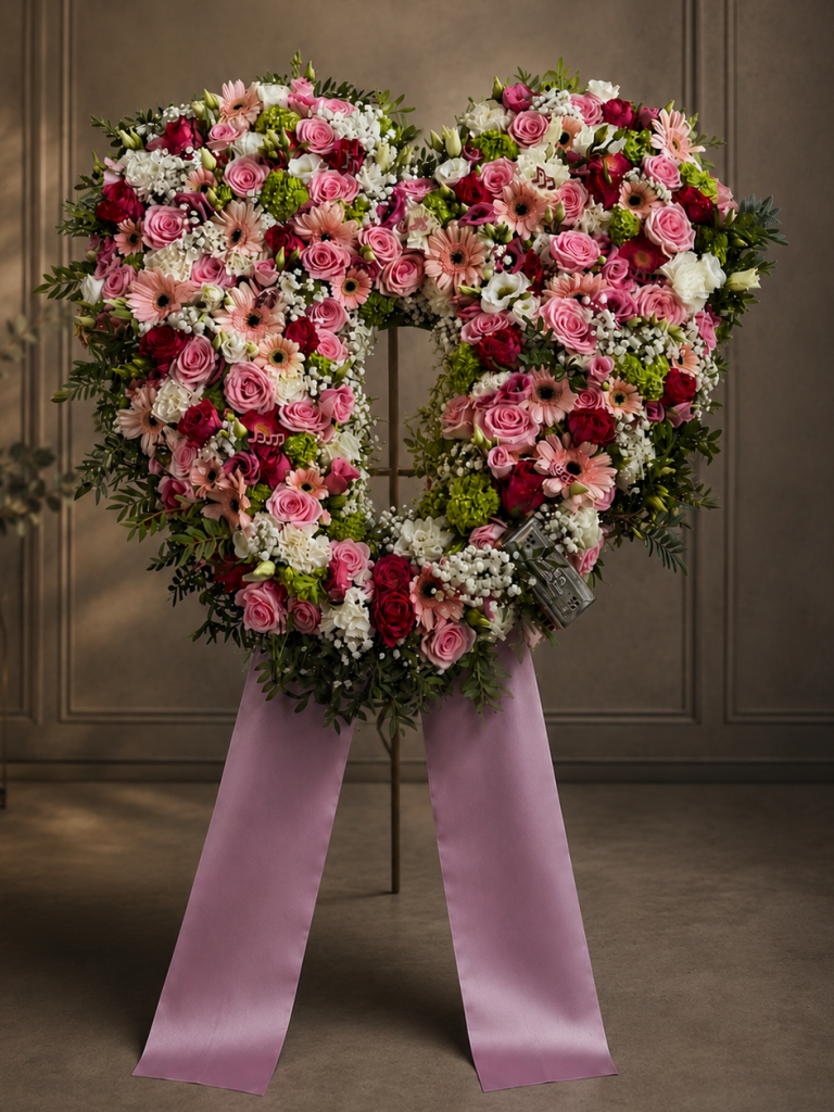 Herzförmiger Blumengruß aus bunten Blumen, umrahmt von einem rosa Band.