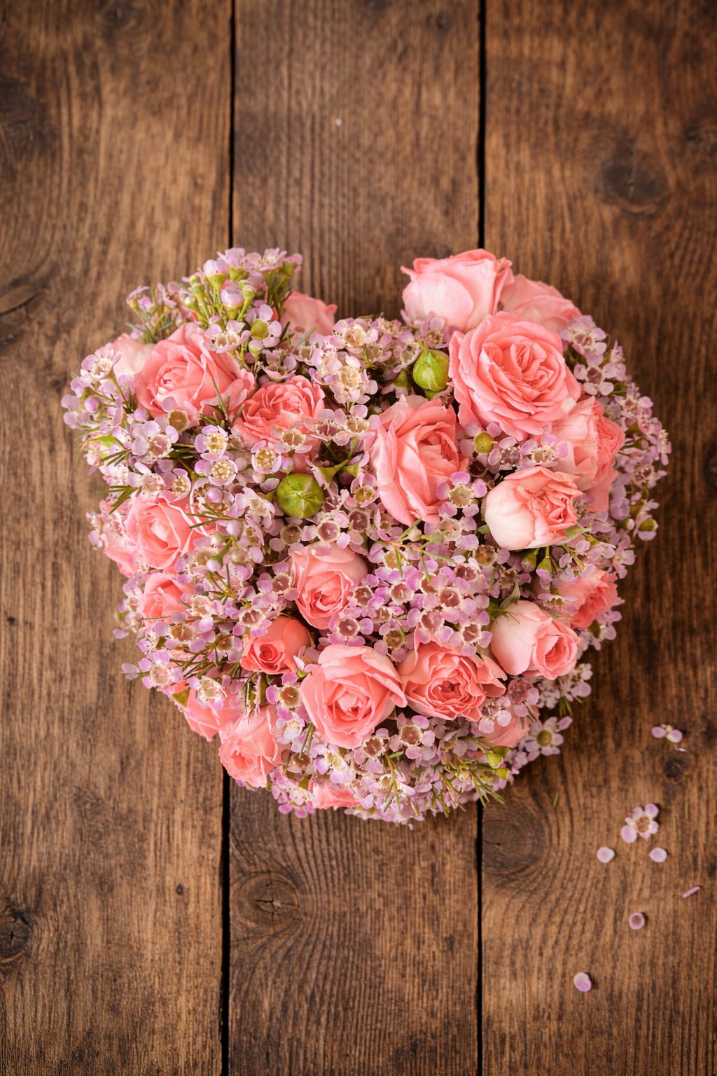 Plantula Amedorf - Trauerfloristik Herzförmiger Blumenstrauß mit rosa Rosen und lila Flieder auf Holzuntergrund.