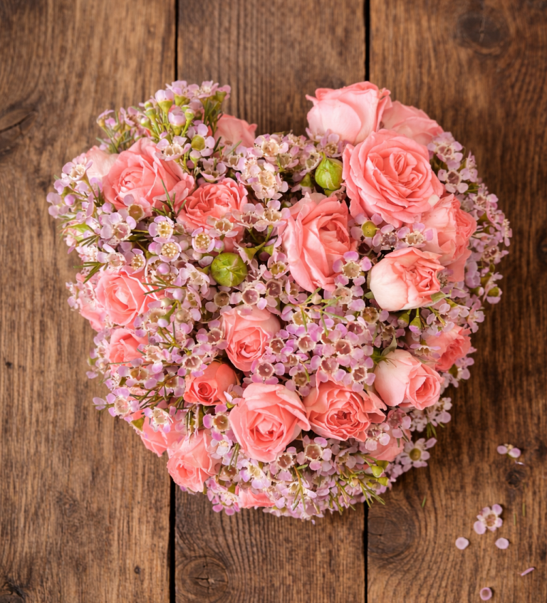 Plantula Amedorf - Trauerfloristik Herz aus rosa Blumen und zarten Blüten auf einem rustikalen Holztisch.