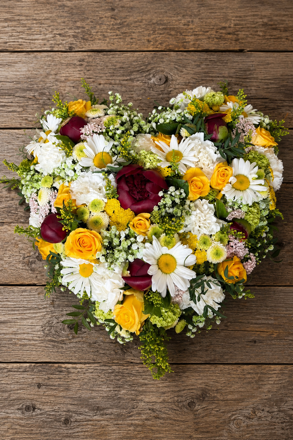 Plantula Amedorf - Trauerfloristik Ein herzförmiger Blumenstrauß mit bunten Blumen auf einem Holztisch.